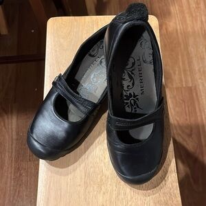 Merrell Plaza Bandeau Black Leather Comfort Wedge Mary Jane shoes